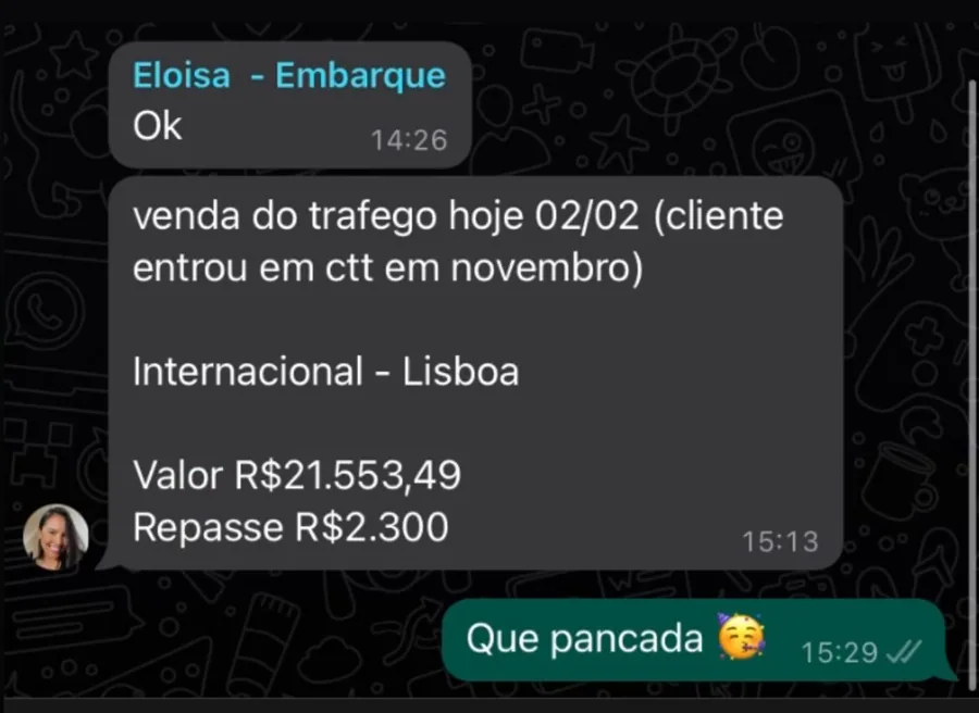 Print de WhatsApp: venda do tráfego para Lisboa no valor de R$ 21.553,49