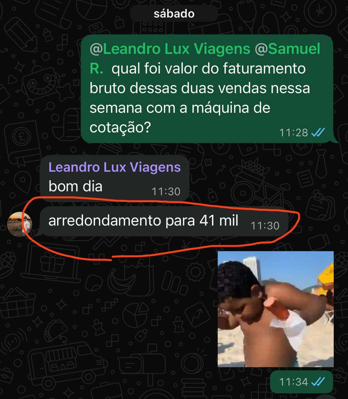 Print de WhatsApp: agente relata faturamento bruto de aproximadamente 41 mil com a Máquina de Cotação