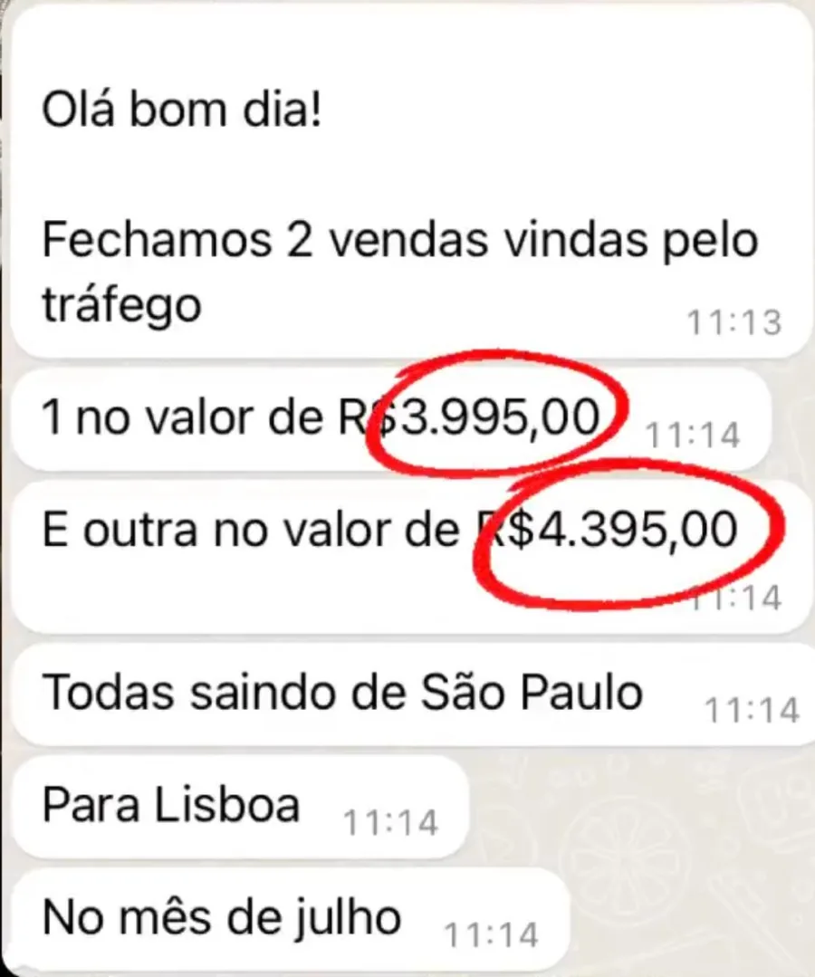 Print de WhatsApp: duas vendas pelo tráfego no valor de R$ 3.995,00 e R$ 4.395,00, de São Paulo para Lisboa em julho